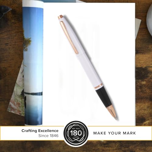 Cross Calais Rollerball Pen, White with Rose Gold, Medium Point, Black Ink - color: White