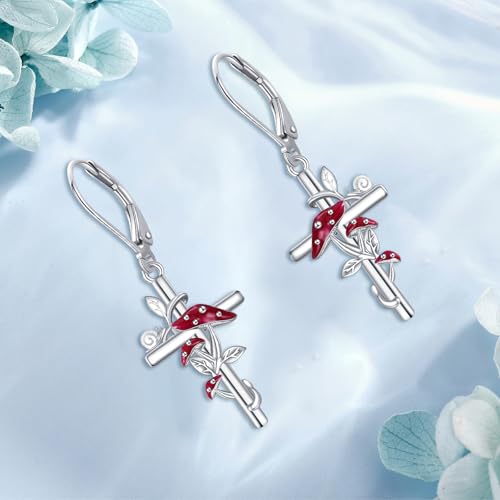 Flower Cross Earrings 925 Sterling Silver Daisy Butterfly Lily Violet Mushroom Dangle Drop Earrings Birth Flower Jewelry for Women Birthday Christmas Gifts - style: Mushroom Cross
