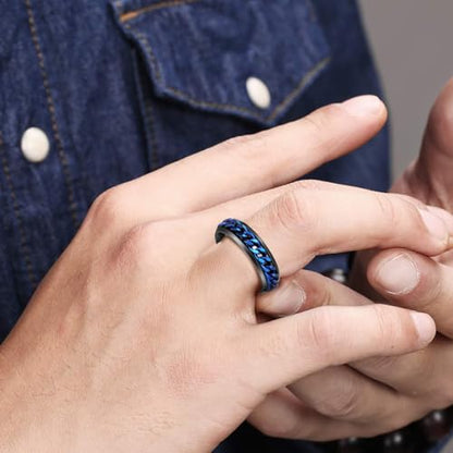 Mens Fidget Rings Anxiety Ring for Men 6mm 8mm Chain Spinner Ring Size 5-14 - color: Titanium Black Blue