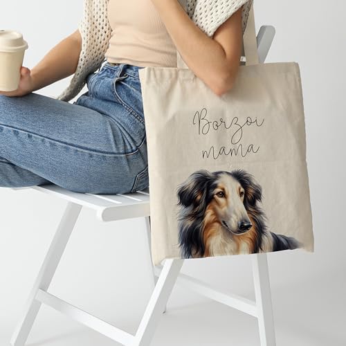 Dog Mom Canvas Tote Bag for Women, Reusable Cotton Shoulder Bag, Dog Lover Gift, Mother’s Day Pet Mom Shopping Tote - color: Borzoi