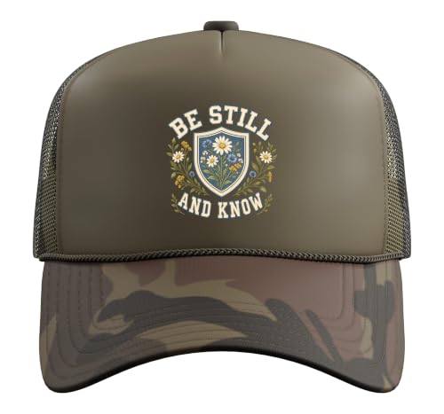 Be Still and Know for Women Christian Bible Verse Vintage Trucker Hat with Adjustable Mesh Back - color: Camo Green