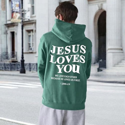Christian Jesus Loves You Hoodies for Teen Religious Faith Sweatshirts Bible Verse Graphic Youth Hoodie - color: Green, size: X-Large