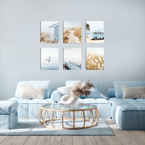 HOURIA 6Pcs Coastal Beach Canvas Wall Art(12”x16”), Summer Blue Ocean Sand Seascape Wall Decor,Vintage Cabin Camper Van Boardwalk Seagulls Art Print for Farmhouse Living Room Bedroom Office - color: Summer Coastal Beach Wall Art, size: 12X16inches