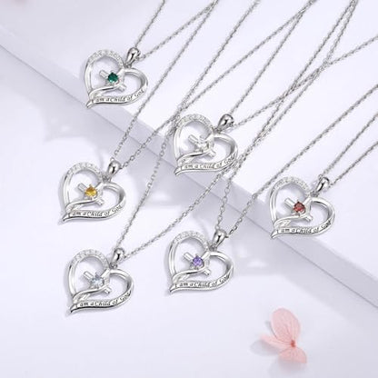 925 Sterling Silver I Am a Child of God Scripture Pendant with Birthstone Heart Cross Communion Necklace for Women Christian Faith Jewelry Gift - color: March