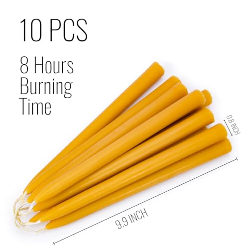 Beeswax Taper Candles- 9 Hour Burn Time, 10 Inch Pure Natural Handmade Beeswax Candles, Smokeless and Dripless Taper Candles(Pack of 10) - color: Yellow, size: 10in-10pack