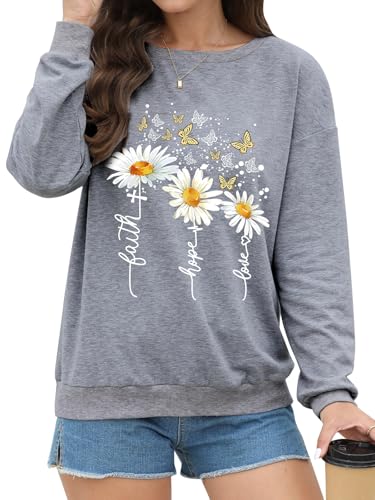 Women’s Christian Sweatshirts,Faith Hope Love Daisy Print Crewneck Long Sleeve Casual Loose Fit Sweatshirt - color: Dark Grey, size: Medium