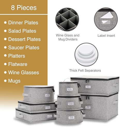 8pcs Hard Shell China Dinnerware Storage Containers with Lid - Heavy Duty Mug, Wine Glass, Platter, Silverware and Plate Storage Box - style: 8pc Set