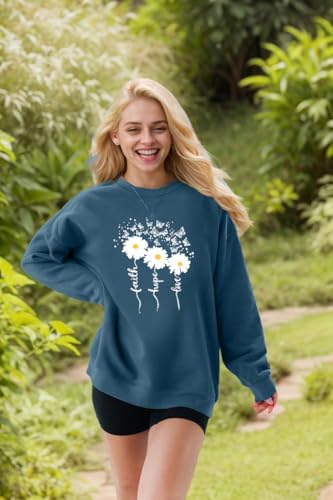 Christian Sweatshirts For Women Oversize Daisy Print Sweatshirts - color: Blue, size: Small