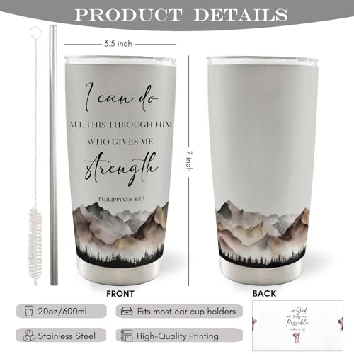 Christian Inspirational 20oz Travel Coffee Mug Tumbler, Christian Gifts for Women Men, Mountain Landscape Bible Verse Religious Stainless Steel Tumbler with Lid and Straw - color: strenhth