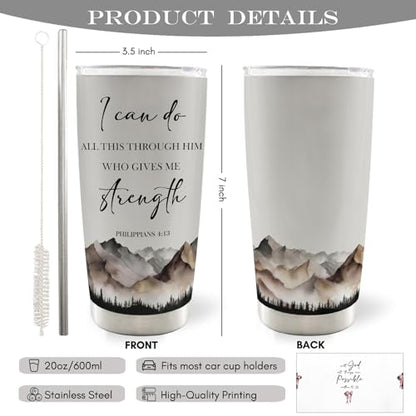 Christian Inspirational 20oz Travel Coffee Mug Tumbler, Christian Gifts for Women Men, Mountain Landscape Bible Verse Religious Stainless Steel Tumbler with Lid and Straw - color: strenhth