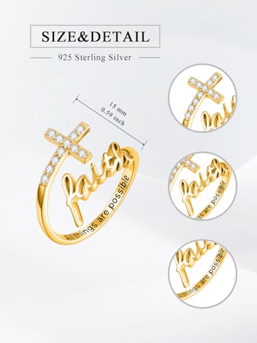 Cross Rings Faith Ring 925 Sterling Silver Adjustable Cross Wrap Ring Christian Fashion Band for Women - color: B-Yellow Gold