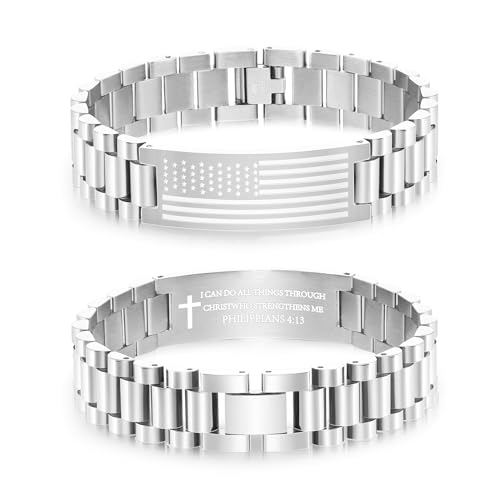 P. BLAKE American Flag Bible Verse Bracelet for Men, Stainless Steel Engraved Scripture Bracelet Christian Religious Christmas Birthday Jewelry Gifts - color: Silver, size: PHILIPPIANS 4:13