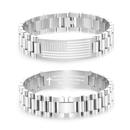 P. BLAKE American Flag Bible Verse Bracelet for Men, Stainless Steel Engraved Scripture Bracelet Christian Religious Christmas Birthday Jewelry Gifts - color: Silver, size: PHILIPPIANS 4:13