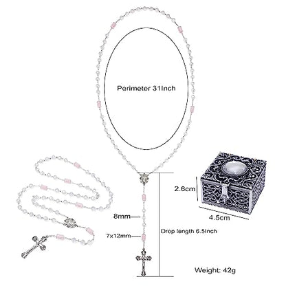 KOMI Rosary Beads Catholic for Women Gemstone Rosary Beads Necklace with Crucifix Cross Crystal Pearl Rosary Rosarios Catolicos Catholic Gifts - style: White rosary with box