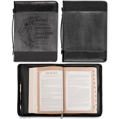 Christian Art Gifts Classic Faux Leather Bible Cover for Men and Women: Be Strong and Courageous - Joshua 1:9 Inspirational Bible Verse with Lion, Gray and Black, XL - size: Extra Large