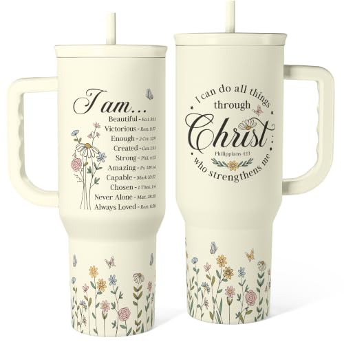 Christian Tumbler with Handle 40oz, Inspirational Gifts for Her, Religious Gift for Women Girl, Stainless Steel Insulated Coffee Travel Cup, Inspiration Gift for Christmas Birthday Mothers Day - color: Christian