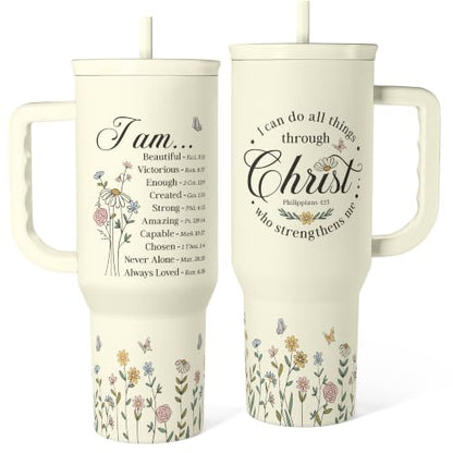 Christian Tumbler with Handle 40oz, Inspirational Gifts for Her, Religious Gift for Women Girl, Stainless Steel Insulated Coffee Travel Cup, Inspiration Gift for Christmas Birthday Mothers Day - color: Christian