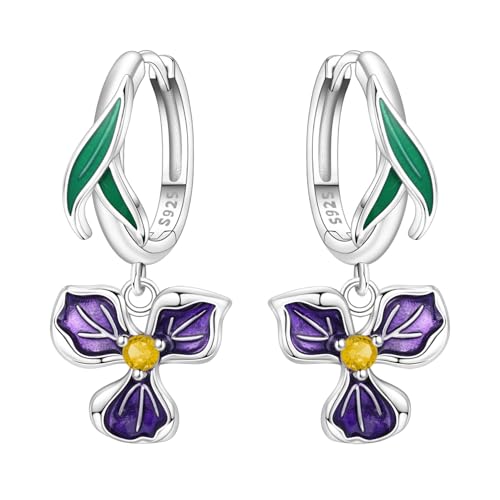 925 Sterling Silver Drop & Dangle Earrings for Women,Butterfly Dragonfly and Bee|Flower and leaf Earrings, Suitable for Sensitive Ears Fashion Jewelry Gift- Hypoallergenic Earrings - color: Purple iris