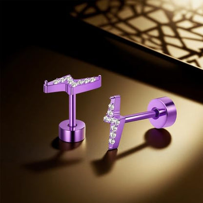 XUU 20G Flat Back Stud Earrings ASTM F136 Titanium & Sparkling CZ - color: purple lightning bolt
