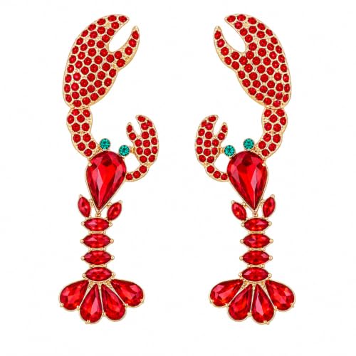 Creative Exaggerated Ocean Animal Drop Dangle Earrings for Women, Bohemia Style Alloy Lobster Octopus Fish Crab Earrings for Summer Beach Holiday Party Jewelry Gifts - style: Red Blue Rhinestone Lobster Earrings-I