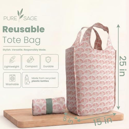 Pure Sage Reusable Grocery Bag - Stylish Shopping Bags for Groceries - Foldable Tote Bag - color: Rose Petals