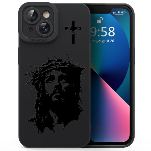 for iPhone 13 Christian Phone Case, Crown Thorns Design - color: Black-Jesus Face, size: iPhone 13