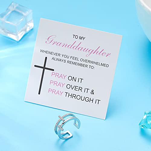 Harlermoon To My Daughter Pray Through It Cross Ring Double Cross Adjustable Baptism Gold CZ Diamond Creative Wedding Commitment Ring for Woman - color: silver-to my granddaughter
