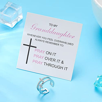 Harlermoon To My Daughter Pray Through It Cross Ring Double Cross Adjustable Baptism Gold CZ Diamond Creative Wedding Commitment Ring for Woman - color: silver-to my granddaughter