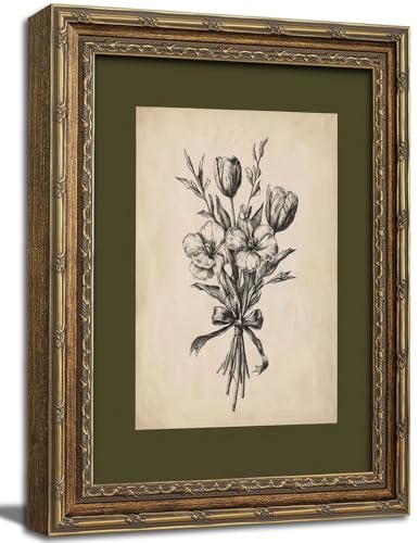 Gold Framed Wall Art Vintage Flower Sketch Wall Art Antique Sage Green Botanical Wall Decor Picture Dark Green Floral Drawing Poster Print for Bedroom Living Room 9x11in - color: Floral, size: 11"l X 9"w