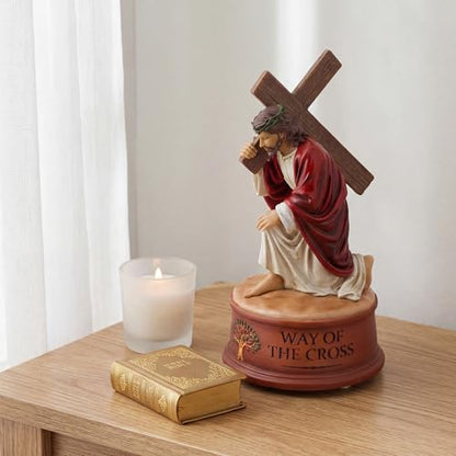 Way of The Cross Jesus Figurine Music Box,Christian Religious Collectible Statue Playing How Great Thou Art,Hand-Painted Jesus Carrying Cross Figurine,Faith Based Prayer Corner Decor,Lent Easter Gift