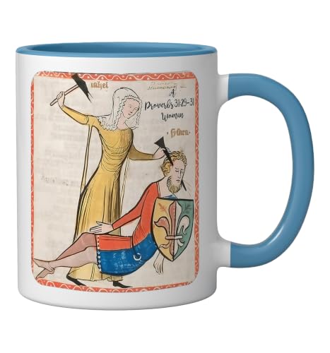 Proverbs 31 29 31 Woman Medieval Christian Art Design Ceramic Mug, Blue/White, 11oz - color: Blue/White, size: 11 Ounces