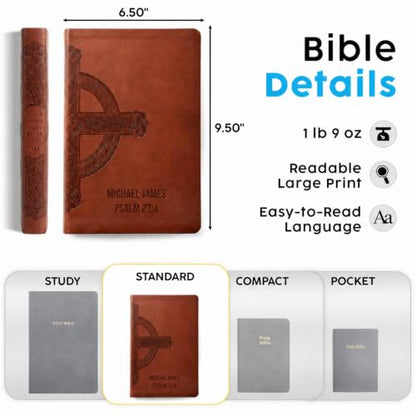 Printualist Personalized NLT Thinline Bible, Custom Engraved Name and Scripture Reference, New Living Translation Text, Celtic Cross Faux Leather Christian Gift for Daily Use, Brown Celtic Cross - color: Brown