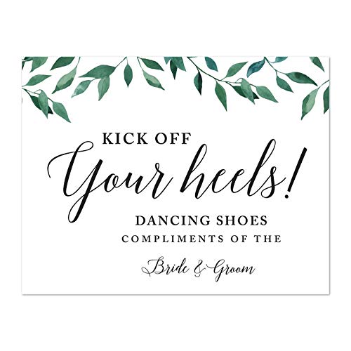Andaz Press Wedding Party Signs, Natural Greenery Green Leaves, 8.5x11-inch, Dancing Shoes - Kick Off Your Heels!, 1-Pack - color: Activities Dance Kick Off