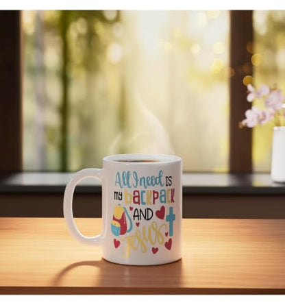 All I Need Is My Backpack and Jesus School Christian Kids Ceramic Mug, White - color: White, size: 11 Ounces