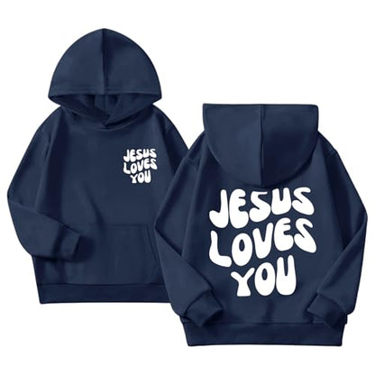 Christian Jesus Loves You Hoodie For Teen Girls Cute Graphic Hoodies Kids Bible Verse Faith Sweatshirt God Pullover - color: Navy Blue, size: 12-13 Years