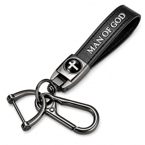 Christian Cross Leather Keychain for Men – Christian Gift for Dad Husband Son - color: Black – Man of God