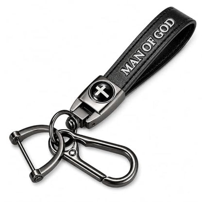 Christian Cross Leather Keychain for Men – Christian Gift for Dad Husband Son - color: Black – Man of God