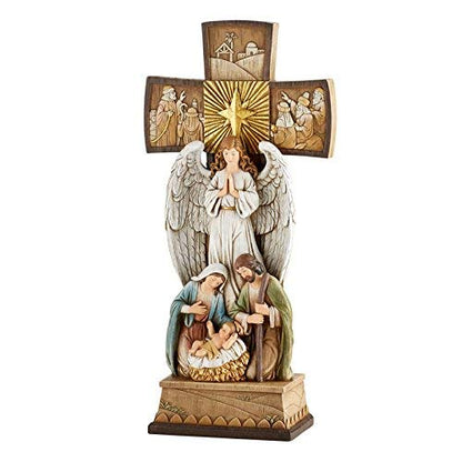 Christian Brands Beautiful Christmas 14" H Tabletop Nativity Cross. One Piece Nativity Set with Figures of The Holy Family and and Holy Spirit Angel and Detailed Carvings of Three Kings, Shepherds