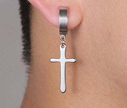 Non-pierced Earrings Set for Men Women Cross Titanium Steel Hoop Dangle Clip On Earring - style: set of silver