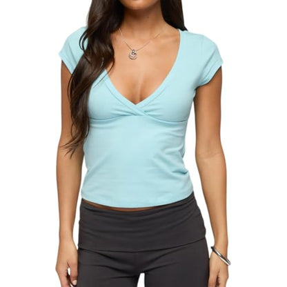 Women Deep V Neck Cross Wrap Top Cap Sleeve Slim Fit Basic Crop Tee - color: Blue, size: Small