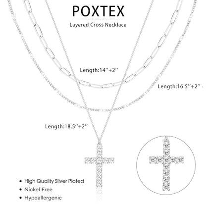 Poxtex Layered Gold Necklaces for Women, Stackable Dainty 14K Gold Silver Plated Trendy Simple Heart Diamond Cross Bow Circle Pendant Paperclip Choker Dot Chain Necklace,Jewelry Set Gifts for Women - color: Silver, style: Cross2