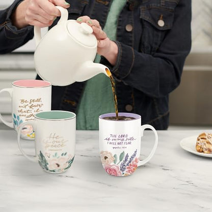 Christian Art Gifts Large 15 oz Ceramic Floral Coffee & Tea Mug for Women - color: He is Our Peace/White & Mint Green Multi Floral