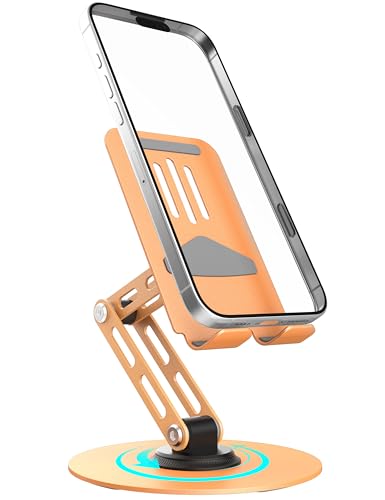 360° Rotating Cell Phone Stand for Desk, Adjustable Foldable Aluminum Phone Holder with Anti-Slip Base, Sturdy Desktop Stand Compatible with iPhone, iPad, Android Phones – Orange - color: Orange