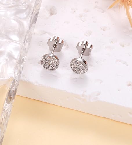 14K Gold Plated Small Stud Earrings for Girls Women Hypoallergenic Surgical Steel Cartilage Flat Back Stud Earrings CZ Cross Dot Bar Heart Handmade Screw Back Earrings Studs - color: Silver, style: Dot