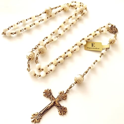 elegantmedical HANDMADE COPPER CATHOLIC ROSARY Moonlight Mother of Pearl Beads necklace Crucifix Cross gift box Gift