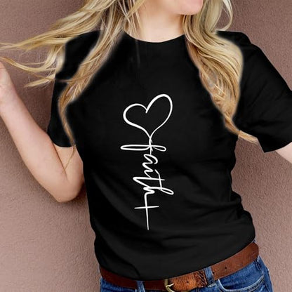 KIEKIECOO Faith Christian Shirts for Women Religious Crewneck Tshirts Cotton Graphic Tees Bible Verse Casual Summer Tops - color: Black, size: X-Large