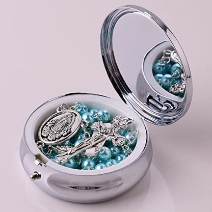 HanlinCC Guadalupe Catholic Rosary Glass Pearl Beads Necklace with Gift Box - color: Guadalupe Rosary Light Blue