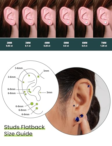 6 Pairs Hypoallergenic Cubic Zirconia Earrings Surgical Steel Flat Back Studs for Cartilage, Screw Back Fashion Jewelry - color: A-013-Blue