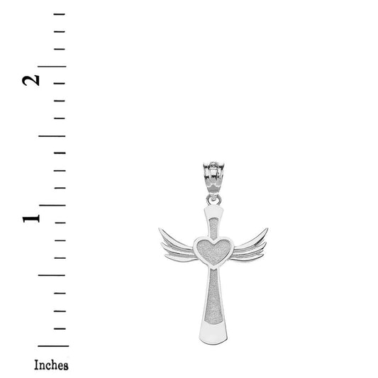 Winged Heart Cross Pendant Necklace Fine Real Solid 14Kt Gold - style: 14K White Gold