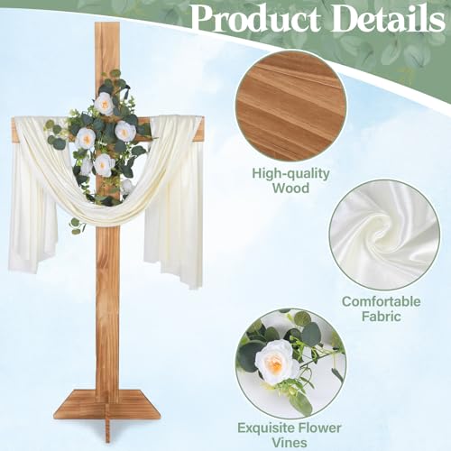 71Inch Large Wooden Cross for Wedding White Ribbon Eucalyptus Garland Brown - color: Brown, size: 71Inch